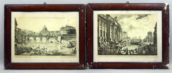 Due stampe da G.B.Piranesi raffiguranti "Veduta della vasta Fontana di Trevi anticamente detta l'Acqua Vergine" e "Veduta del Ponte e Castello Sant'Angelo",  cm 49x65, entro cornici, (difetti).