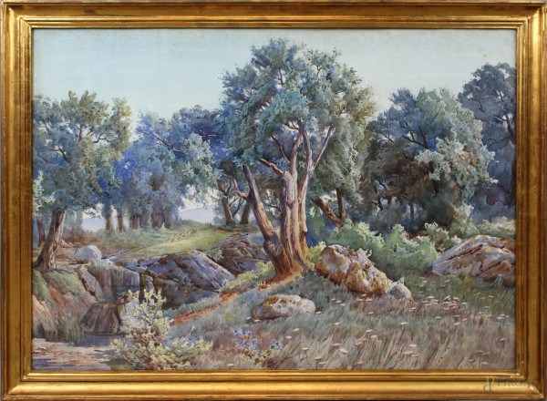 Ettore Roesler Franz - Paesaggio boschivo, acquarello su carta, cm. 65x90, entro cornice.