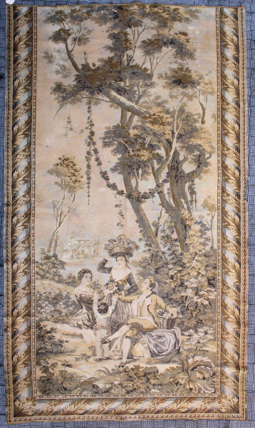 F.Coya, Paesaggio con scena familiare, arazzo, cm 280 x 145, difetti.