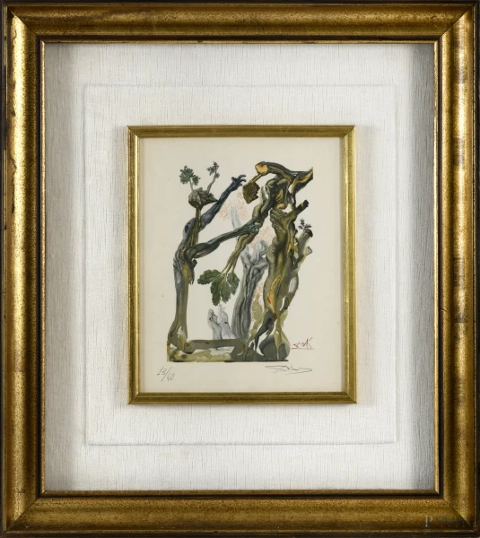 Salvador Dalì (Figuera 1904 - 1989), La foresta dei suicidi, litografia a colori, esemplare 11/40, firmato in lastra e a grafite in basso a destra, cm 32x26 entro passepartout e cornice