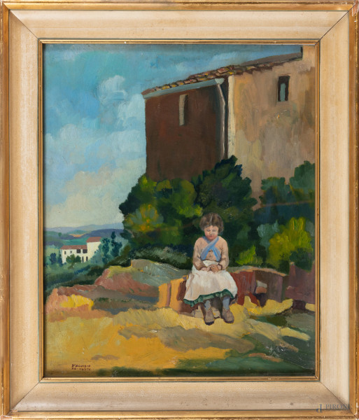 Carlo D'Aloisio da Vasto (1892-1971), Scena d'Abruzzo, olio su compensato, cm 49,5x41, firmato in basso a sinistra, entro cornice