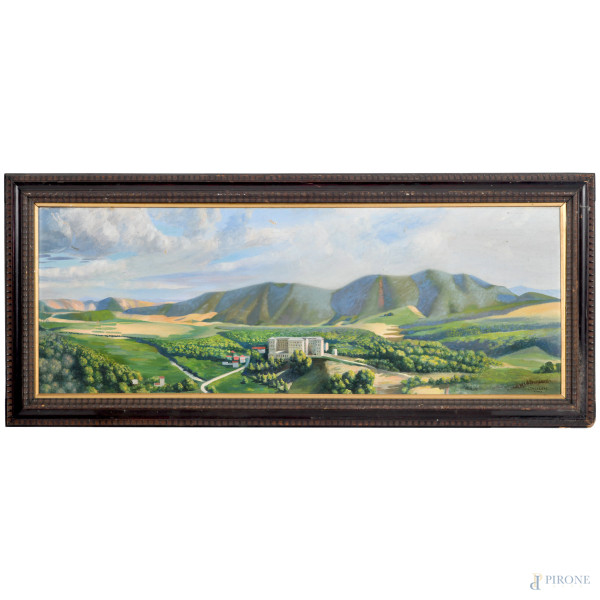 Paesaggio, olio su tela, XX secolo, firmato e iscritto "Roma" in basso a destra, cm 37x102, (difetti)