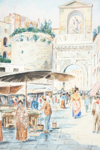 Due acquarelli su carta raffiguranti scorci di Napoli, misure max cm 24x17, firmati, entro cornic...