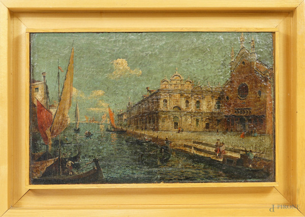 Pittore veneto del XIX-XX secolo, Veduta di Venezia, olio su tela applicata su tavoletta, cm 21,2x34, entro cornice