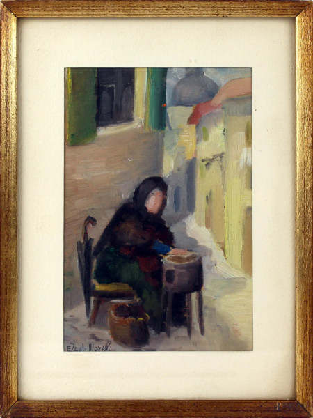 La venditrice di caldarroste, olio su tavoletta, cm. 16x10,5, firmato.