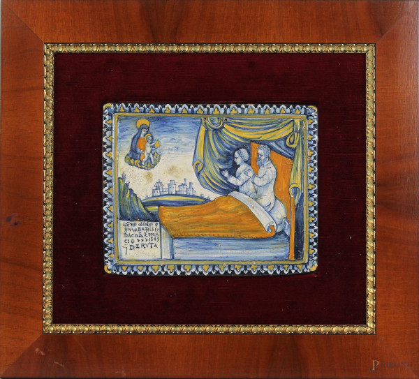 Ex Voto, mattonella dipinta in policromia, cm. 19,5x25, XX secolo, entro cornice.