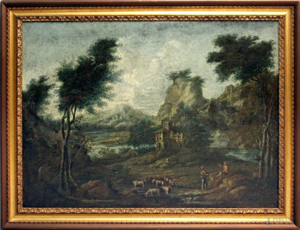 Pittore del XVIII sec., Paesaggio fluviale con contadini ed armenti, olio su tela, cm 64x85, entro cornice.