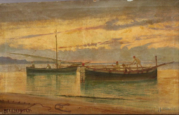 Marina con barche, olio su tela, 66x106 cm, firmato.