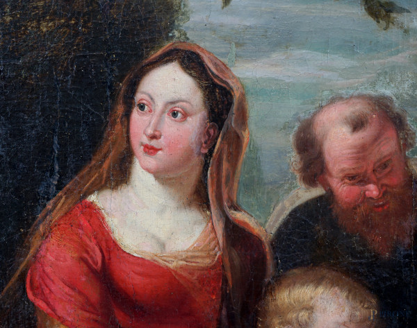 Scuola fiamminga del XVII-XVIII secolo, Riposo durante la fuga in Egitto, olio su tela, cm 110x16...