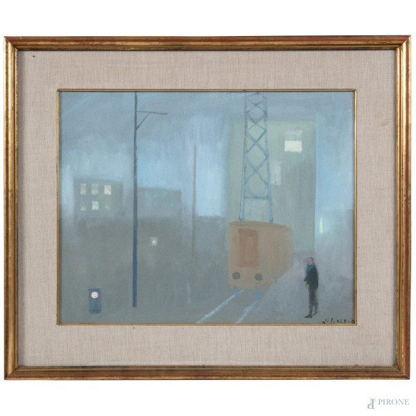 Franco Villoresi (1920-1975), Interno di stazione, olio su tela, cm 40x50, firmato in basso a destra, firmato, titolato e datato "1953" al retro, entro cornice