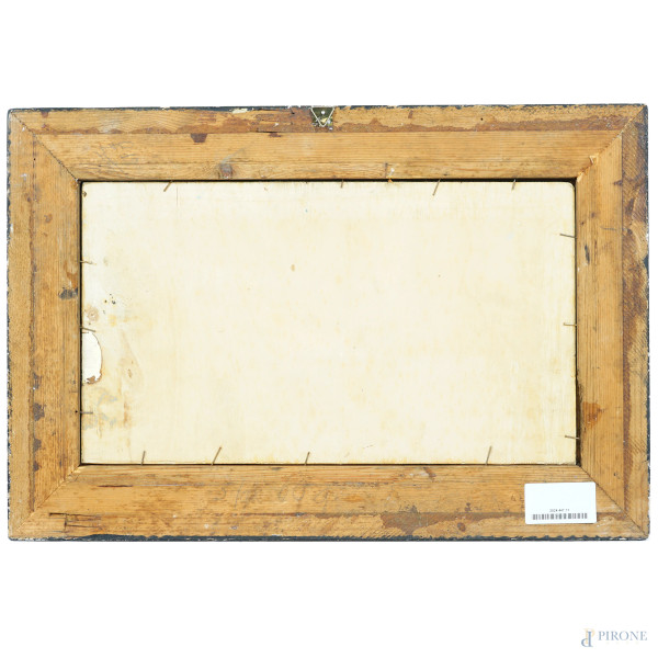 Spiaggia con figure, XIX secolo, olio su compensato, cm 22x40, firmato, entro cornice, (diifetti)