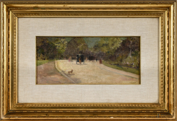 Strada con carrozze e figure, olio su tela, cm 20,5x42, entro cornice, firmato in basso a destra (difetti)