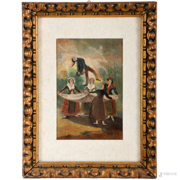 Saltimbanco, XX secolo, olio su compensato, cm 24,5x16,5 entro cornice