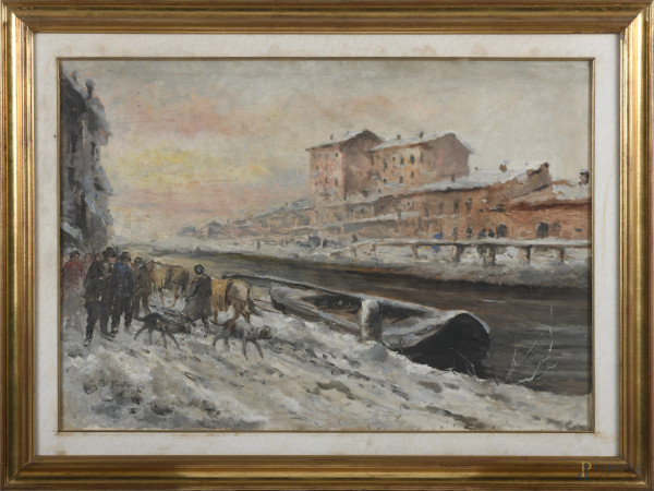 Lungo il fiume, XX secolo, olio su tela, cm 70x100,  firmato in basso a sinistra, entro cornice