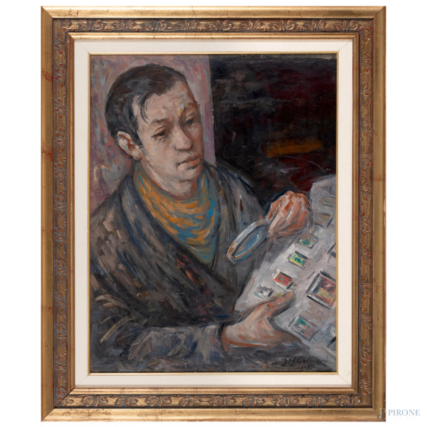 Guelfo Gherlinzoni (1906-1968), Filatelico  olio su cartone, cm 65x51, firmato e datato "1949" in basso a destra, entro cornice, (segni di usura, sollevamenti di colore)