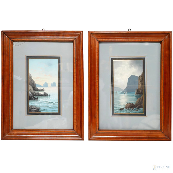 Coppia di vedute di Capri e dei suoi Faraglioni, tempera su carta, cm 29,5x16 entro cornice, XX secolo, (difetti)