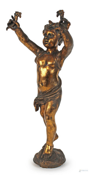 Cherubino, scultura in bronzo dorato, cm h 47, inizi XX secolo, (difetti, mancanze e restauri).