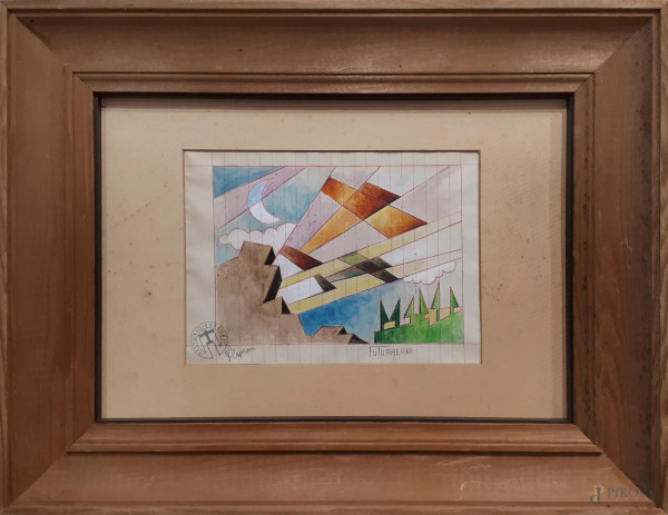 Vittorio Caproni (XX sec.) Futuraerei, aeropittura a tecnica mista su carta, cm 15x21, titolo firma e timbro dell'Artista, entro cornice