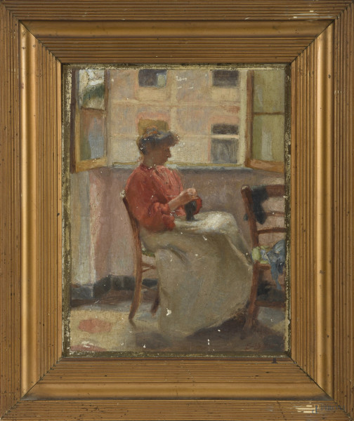 Antonio Schiaffino (1879-1968), Ricamando alla finestra, olio su tela applicata su cartone, cm 28x22, firmato in basso a destra, entro cornice, (cadute di colore, segni di usura, supporto lievemente imbarcato)