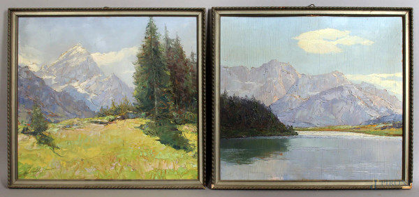 Eugenio Polesello - Coppia dipinti raffiguranti paesaggio montani e scorcio di lago, olio su tavola, cm. 37x42, entro cornici.