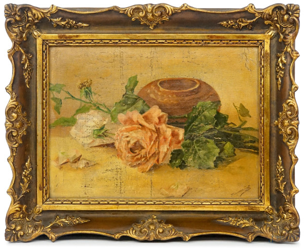 Natura morta - Rose, olio su tela, cm 25x35, firmato, entro cornice, (lievi difetti sulla tela).