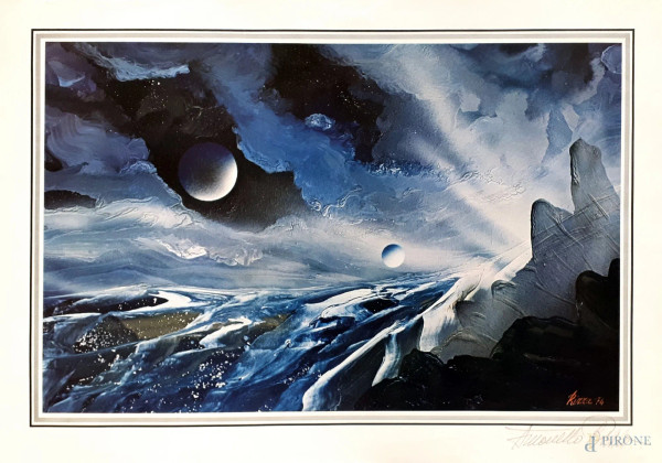 Antonello Rizza (1926-2012) detto anche “il pittore dell’Universo”, Paesaggio spaziale, stampa fotolitografica controfirmata a mano dal Maestro, ar retro timbro dell’Atelier dell’Artista, cm 33x46