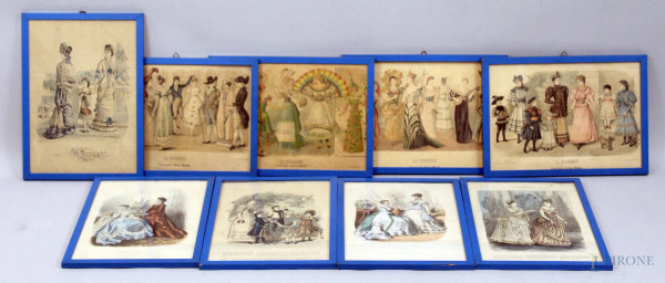 Lotto composto da nove stampe a colori da "La mode illustrée", "Il mondo elegante", "Giornale delle mode" e "La Saison", cm 34,5x24, XIX secolo, entro cornici.