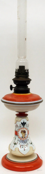 Lampada ad olio in pasta di vetro dipinto, marcata cristal De Roche, Farncia firn 800, h. 50 cm.