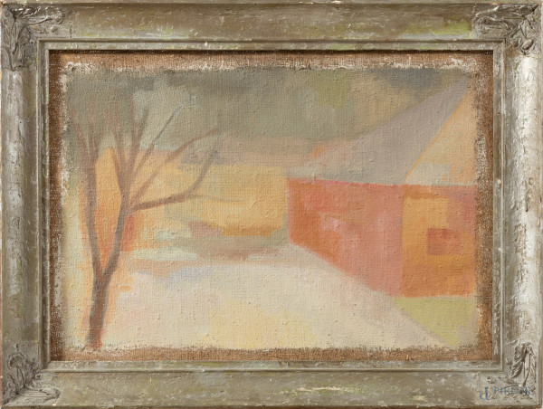 Paesaggio con albero e casa, XX secolo, tecnica mista su tela, cm 58x78, entro cornice, (segni di usura, abrasioni, cadute di colore, lacerazioni, difetti)