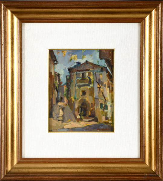 Joseph Franz Strachota (Vienna 1910 - ?), Scorcio di paese, olio su compensato, cm 25x20, firmato in basso a destra, entro cornice
