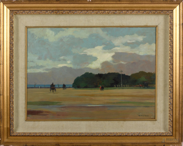 Sulla costa, olio su compensato, cm 43x60 entro cornice, XX secolo, firmato in basso a destra
