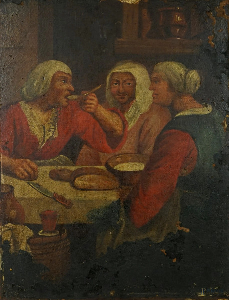 Pittore del XVIII secolo, Interno di osteria, olio su tela, cm 35,5x26,5, (piccole cadute di colore sparse).