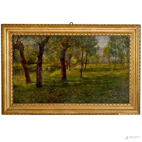 Paesaggio, olio su tela, cm 60x102, siglato in basso a sinistra, entro cornice