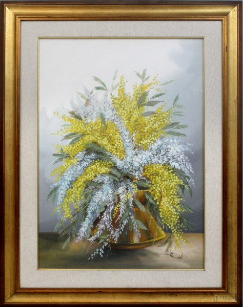 Vaso con fiori, olio su tela, cm. 70x50, firmato, entro cornice.