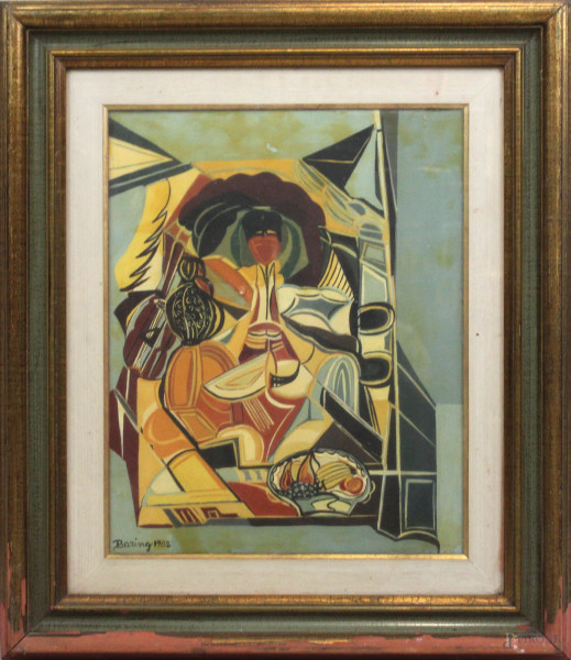 Composizione cubista, olio su tela, cm 50x40, firmato Baring 1982, entro cornice.