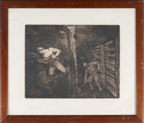 Sergio Vatteroni(1890-1993), Miniera, incisione su carta, cm 49x58, titolato e firmato, entro cornice, (segni di usura, foxing, tracce di umidità, difetti)