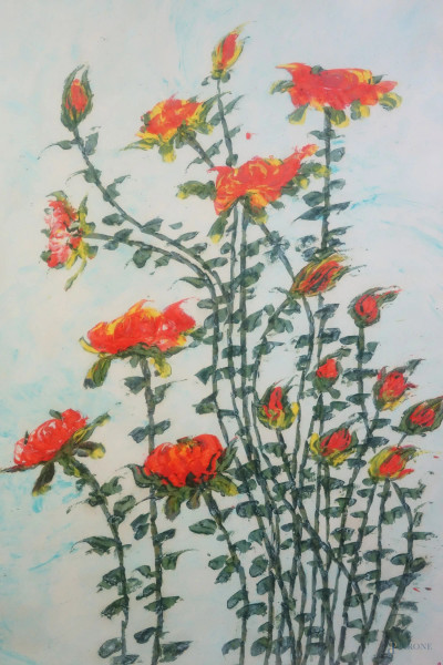 Fiori, olio su carta, cm h 49x33, firmato, entro cornice