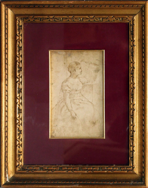 Ritratto di fanciulla con libro, disegno su pergamena, 17x11 cm, entro cornice