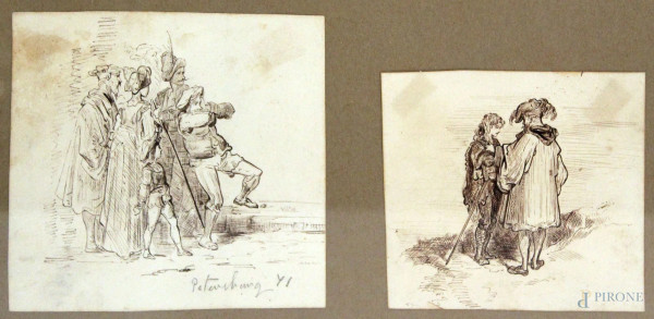 Personaggi, Lotto di due disegni a china su carta, 10x11 cm - 8x9 cm, in unica cornice