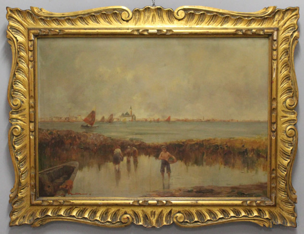 Guido Montanari - Laguna con contadini su sfondo Venezia, olio su tela,cm 70x100 firmato, entro cornice.