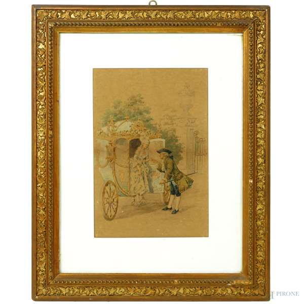 Scendendo dalla carrozza, XIX secolo, acquerello su carta, cm 32x21,5, entro cornice, (lieve foxing)