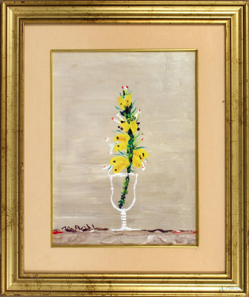 Vaso con fiore, olio su tela, cm. 40x30, firmato, entro cornice.