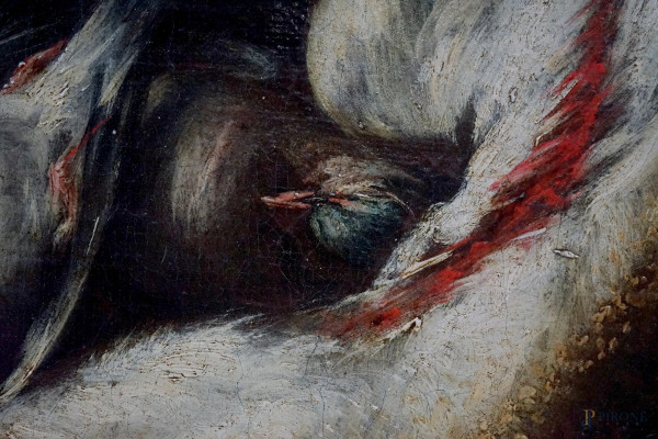 Natura morta- cacciagione, olio su tela, cm 63x75,5, entro cornice.