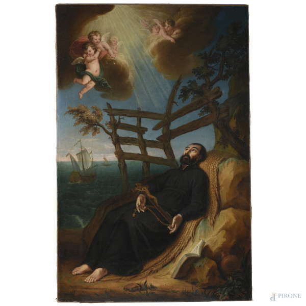 Morte di San Francesco Saverio, XVIII-XIX secolo, olio su tela, cm 142x92, (craquelure, sollevamenti di colore, piccole lacerazioni)