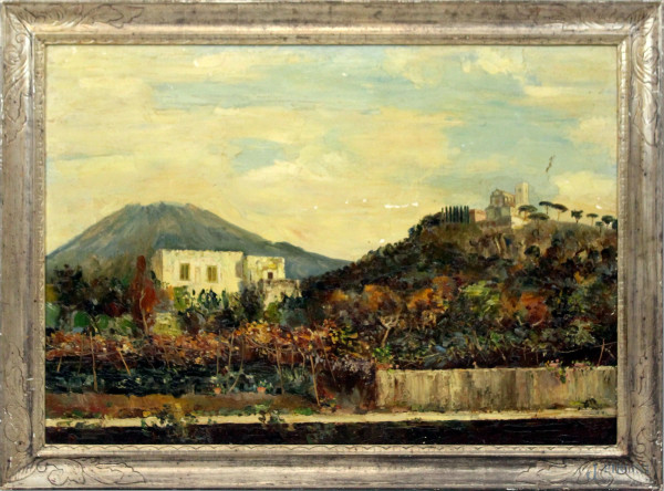 Paesaggio con vulcano, olio su tela, cm 70x100, firmato Don Riccardo, entro cornice
