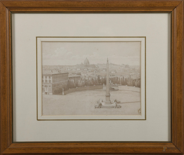 Piazza del Quirinale, XX secolo, tecnica mista su carta, cm 18x24, entro cornice, (lievi segni di usura, tracce di umidità)