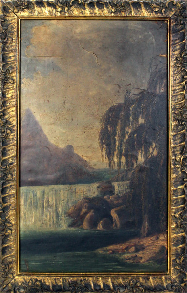 Paesaggio con cascata, olio su cartoncino applicato su tavola, cm. 38,5x23, prima metà XX secolo, entro cornice.