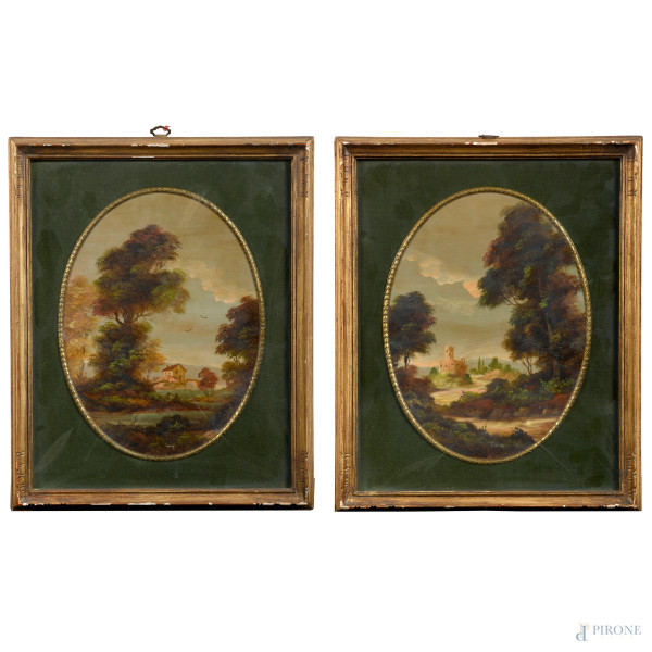 Coppia di paesaggi, XX secolo, olio su rame in serto ovale, cm 24x18, entro cornice