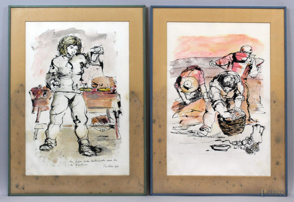 Lotto di due dipinti a tecnica mista su carta raffiguranti figure, altezza cm.50x35, firmati Fontana, anni '70, entro cornici.(difetti)