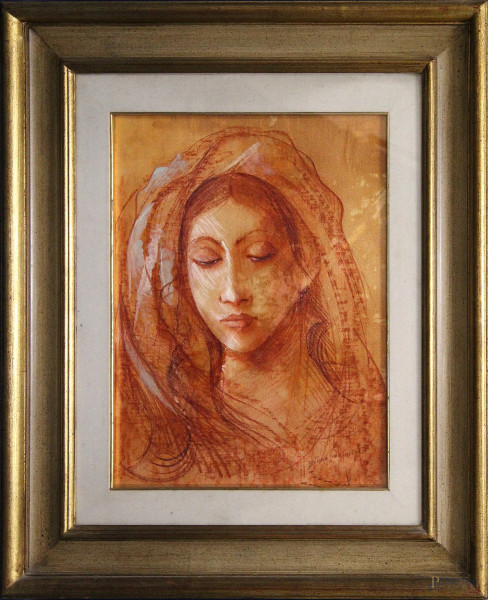 Volto di nobil donna,olio monocolore su tela 38x51,in cornice,firmato.